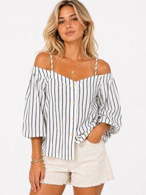 BP Navy Peacoat Stripe Off Shoulder Linen Blend Top Womens Size Large NWT